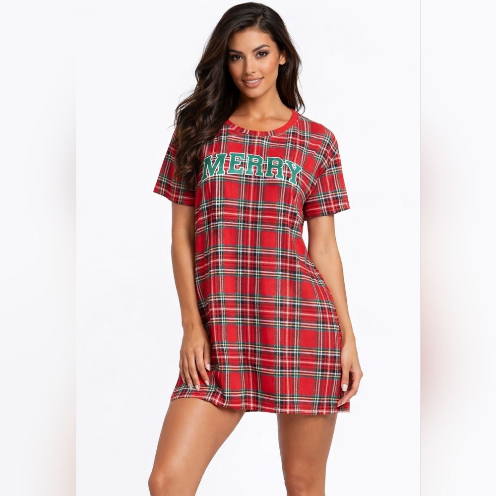 Joyspun L-XL Red Plaid 'Merry' Sleep Shirt New